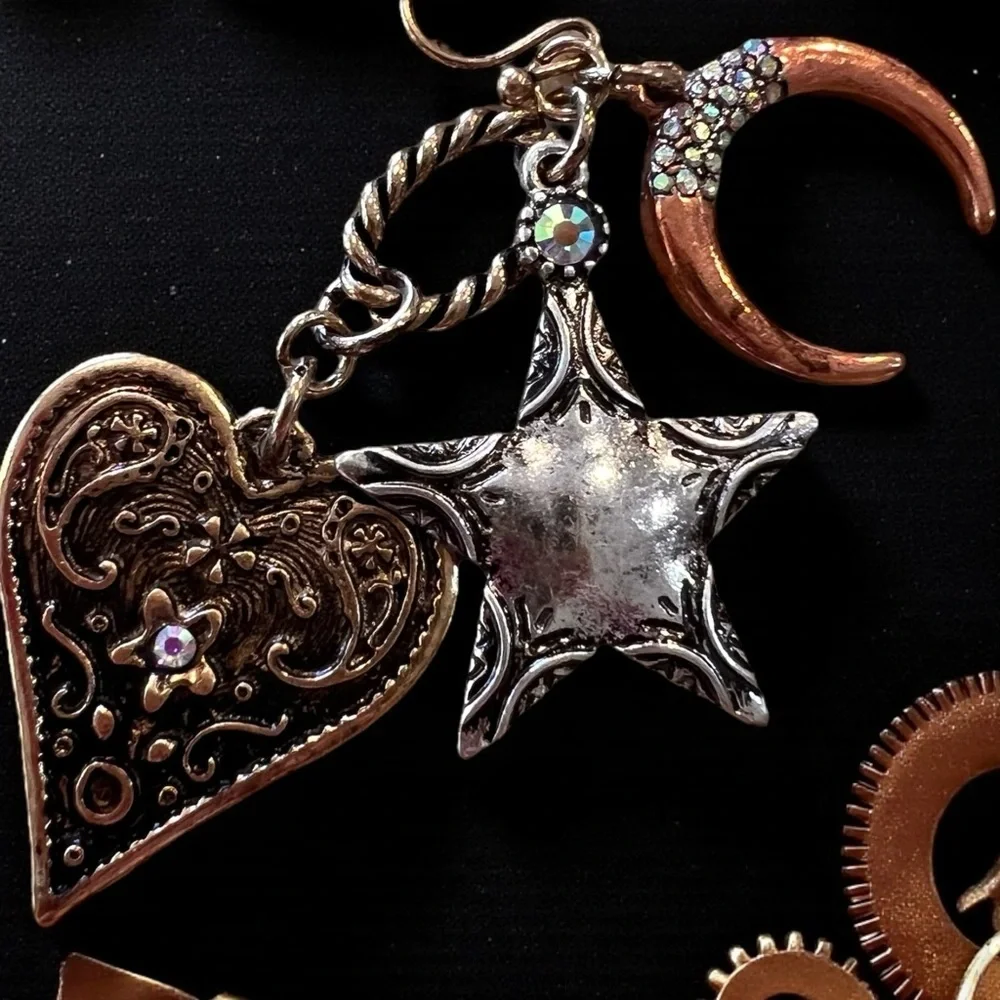 Boho Silver, Copper, and Bronze Toned Star and Heart Earrings Celestial Witchy